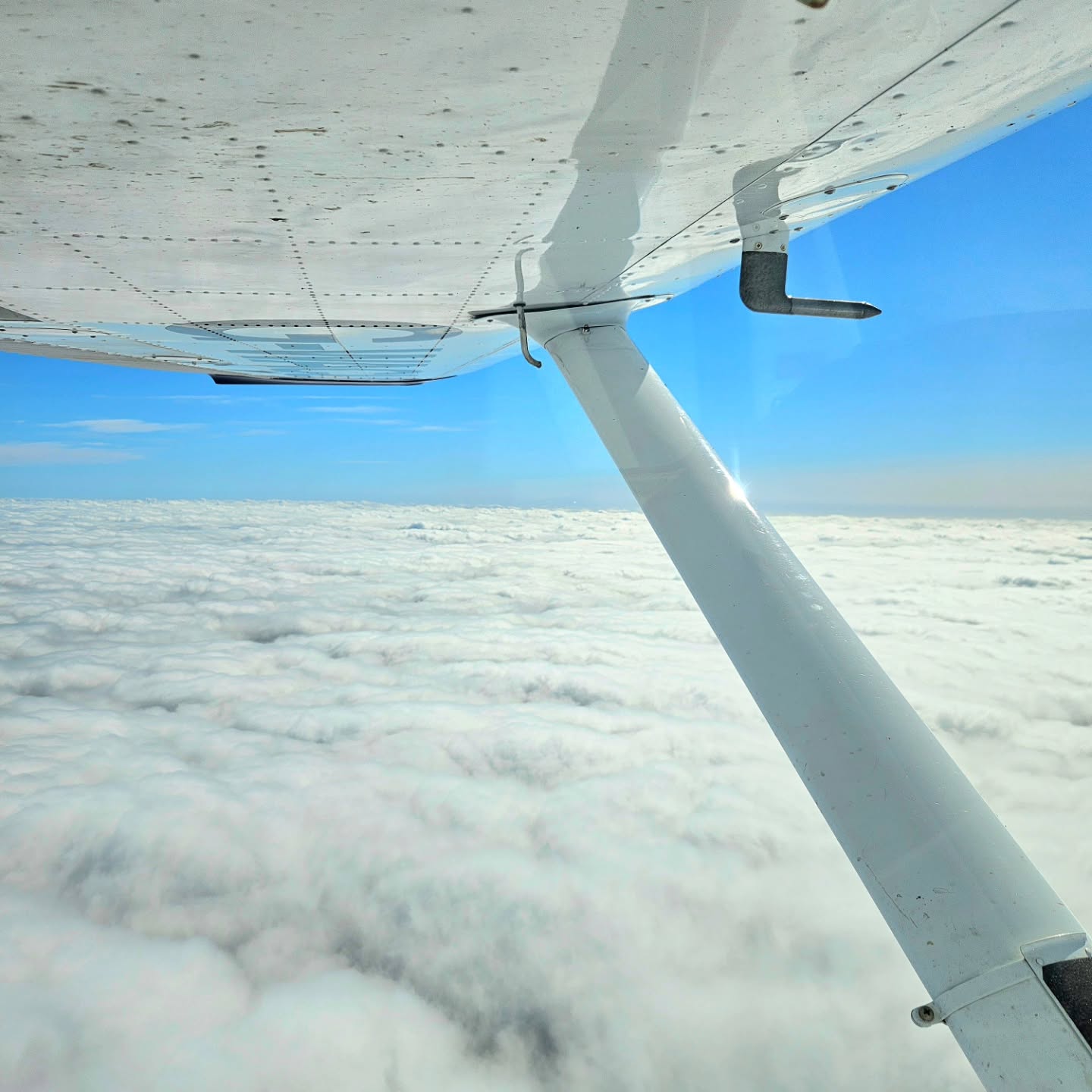 View from a general aviation aircraft wing above a layer of white clouds under a bright blue sky